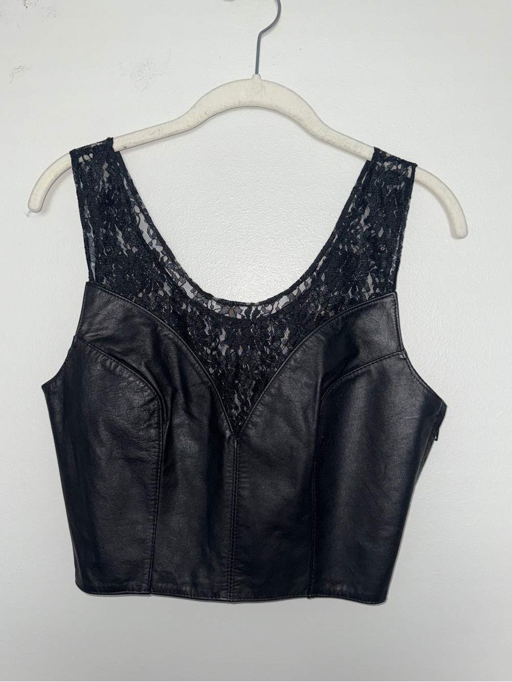 CHIA | Vintage Black Leather & Lace Crop Top | Medium